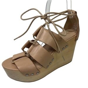 Loeffler Randall Ines Nude Lace Up Platform Wood Heel Sandals 9 Gladiator